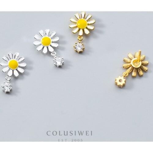 Coluswei Enamel Flower Blossom Stud Earrings 925 Sterling Silver Sparkling Clear CZ Ear Studs Korean Wedding Statement Jewelry