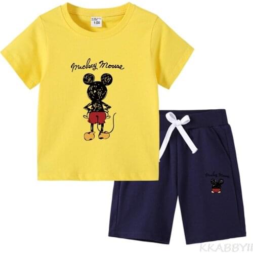 Disney Summer Boys Girls Fashion Breathable Cotton Mickey T-Shirts and Shorts Suits Kids Costume Set