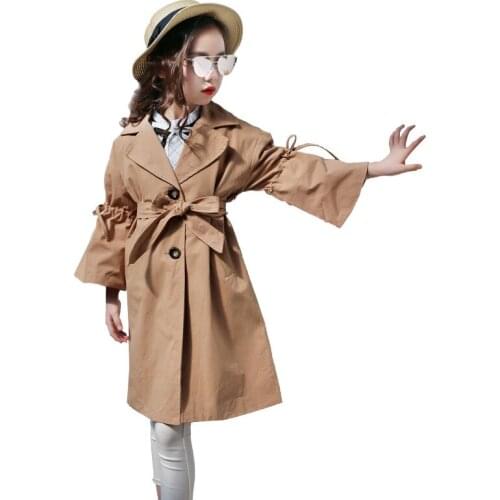 Girl long trench coat Girl autumn fashion trench coat Girl solid color long trench coat Girl windproof comfortable windbreaker