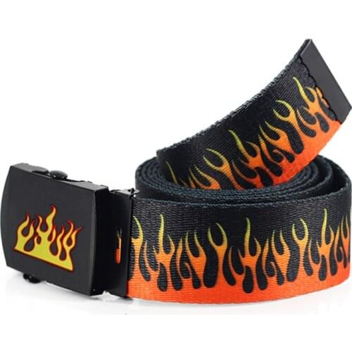 Harajuku Hip-hop Women Men Canvas Belts Punk Flame Printed Smooth Buckle Long Waist Strap Jeans Trouser Student Casual Waistband