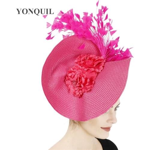 Imitation Straw Vintage Big Wedding Hat Fascinators Elegant Bride Weddings Headwear With Fancy Flower Hair Accessories Fedora