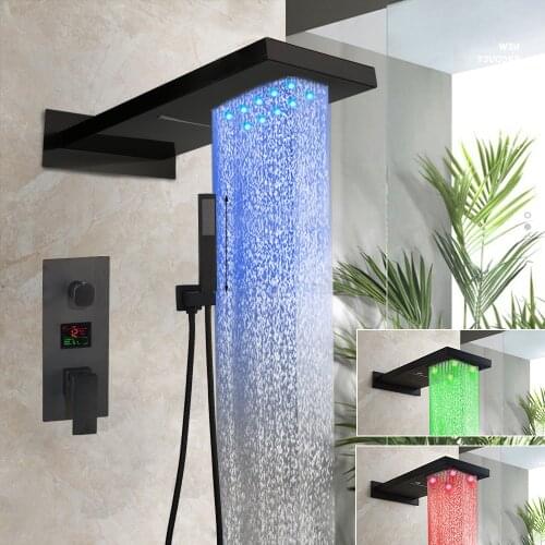 KEMAIDI Matte Black Shower Rainfall Tub Shower Faucet LED Bathtub Rain Square Shower Head Waterfall Shower Faucet Set