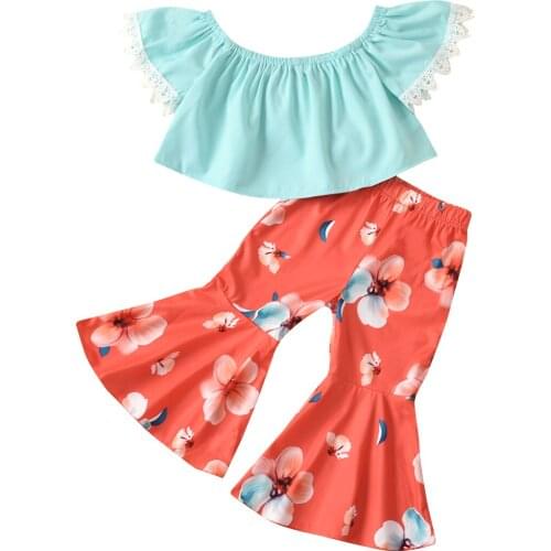 Summer Baby Girls Sweet Ruffles Short Sleeve Off Shoulder Top+Floral Print Long Flare Pants 1-5T 2PCS Clothes Set Outfits