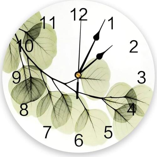 Green Leaves Branches Simple Print Wall Clock Wall Art Silent Non ticking Round Wall Watch for Home Decortaion Best Gift