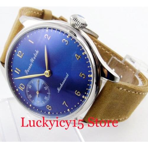 PARNIS 44mm Royal Blue Luxury Hand Winding Mens Watch With Camel Strap 6497 Movement
