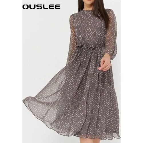 OUSLEE Woman Dress Elegant Dot Print Long Sleeve Spring Dresses Casual Chiffon A Line Dress Women Vintage Midi Vestidos De Fiest