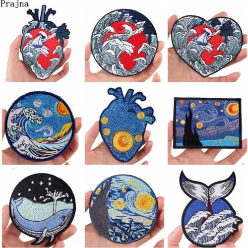 Prajna Van Gogh Picture Patch Iron On Embroidered Patches For Clothes Stripes Wave Starry sky Parch Heart Sticker For Clothes