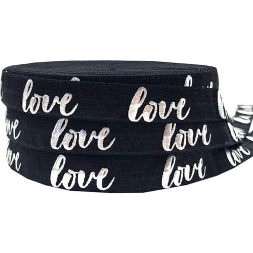 Silver foil Love Print Fold Over Elastic 5/8" Black FOE Elastic Ribbon 10 yards for Hair Tie Accessory Bracelet DIY Head wear