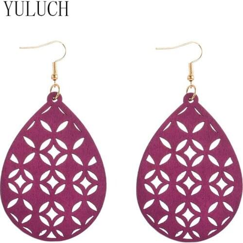 YULUCH office ladies natural wood drop pendant hollow out earrings women simple art wooden accessories girls earrings H010