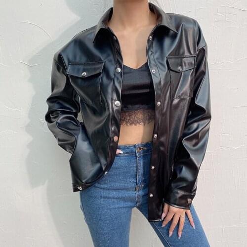 2021 Oversized PU Leather Jackets Women Vintage Long Sleeve Coats Fashion Buttons Lapel Neck Punk Outerwear Solid Color Coats