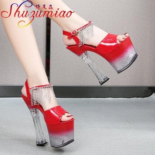 Shuzumiao Womens Sandals 2021 Summer New Patent Leather High Heels 17cm Platform Square Heel Fashion Fringe Ladies Party Shoes