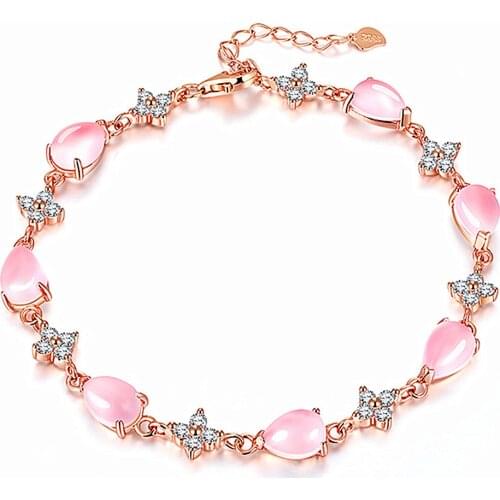 Fashion Cute Clover Pink Crystal Zircon Diamonds Gemstones Chain Bracelets for Women Girl Rose Gold color Jewelry Bijoux Gifts