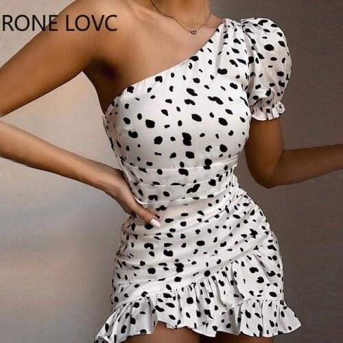 Women Elegant Fashion Sexy One Shoulder Dot Ruffles Mini Dress Bodycon Party Dress