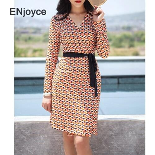Luxury Orange Geometric Printed Midi Dress for Women V Neck Wrap Skirt Short Sleeve Vintage Ladies Elegant Slim Dresses Summer
