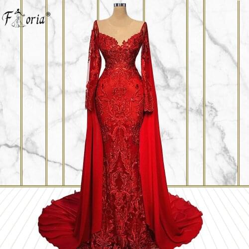Modest Red Lace Mermaid Evening Dresses 2021 Long Sleeves Appliques Beaded Wrap Prom Gowns Saudi Arabic Wedding Party Dress