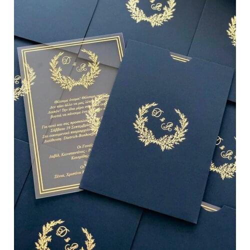 2021 Gold print clear acrylic wedding invitation with leaves logo design ,navy blue pocket,gold foil print