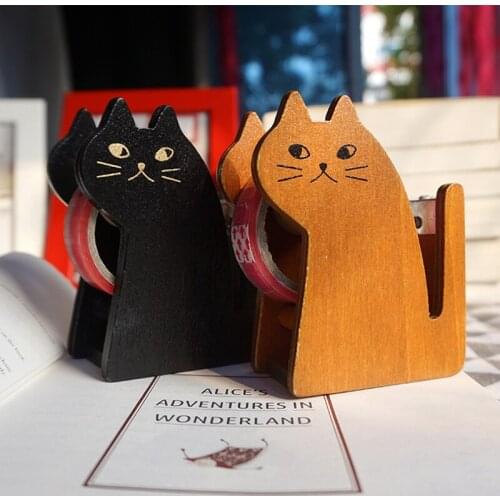 2 pcs/set Kawaii Cat Shape Wooden Tape Dispenser Tape Dispenser Cute Tape Cutter Tool School Supplies Stationery High Quality