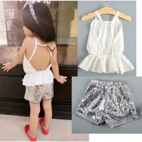 Summer New Baby Clothes Lovely Set Design T-Shirt+Silver Shorts Baby Girl Clothes Backless T-Shirt Girls Clothes Sets