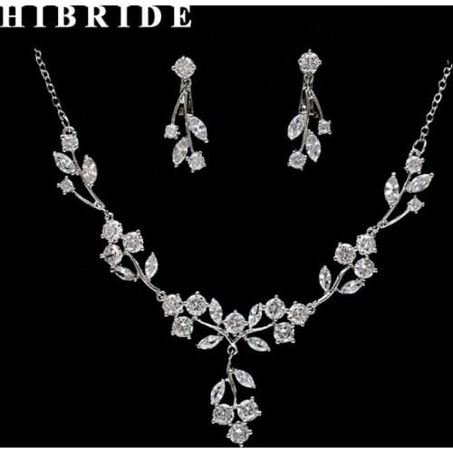 HIBRIDE New Arrival Elegant Leaf Design Long Chain CZ Pendant Necklace Earring Set Bridal Jewelry Sets Dress Accessories N-264