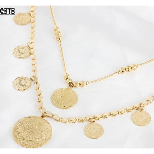 Islamic Muslim 18K Gold Jewelry Coin Womens Double Necklace Arab Wedding Party Event Accessories Gift Does Not Fading