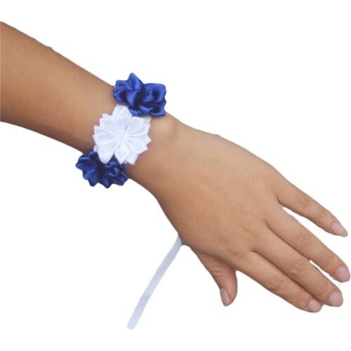 Royal Blue White Satin Flores Wedding Wrist Flowers Bridesmaid de novia Pearls Silk Ribbon Corsages Wrist Flowers DIY SW0678
