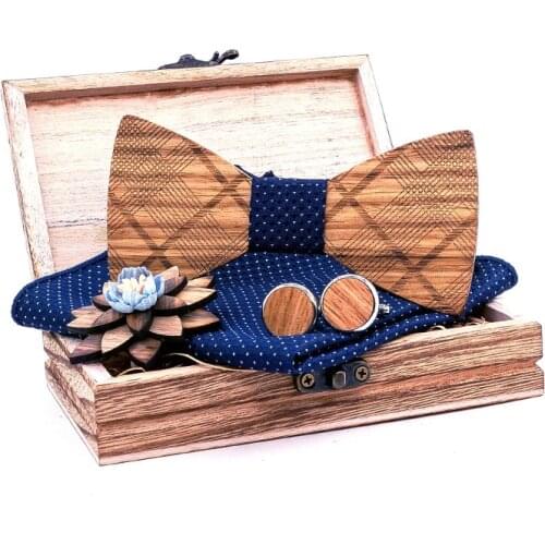 Linbaiway Tie for Mens Wood Bowtie+Handkerchief+Cufflinks+Brooch+Box Set Male Manual Wooden Bow Ties Pocket Towel Corsage