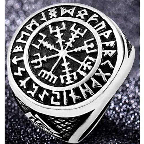Stainless Steel Viking-Compass Runic Statement Ring Men Vintage Color Nordic Vikings-Totem Odin-Men Rings Jewelry