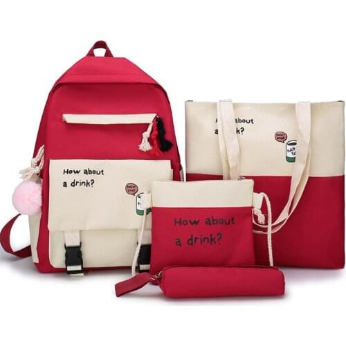 4 Pcs Sets School Bags For Teenage Girls Women Backpacks Solid Color 15.6 Inch Laptop School Backpack Rucksack Mujer Mochila