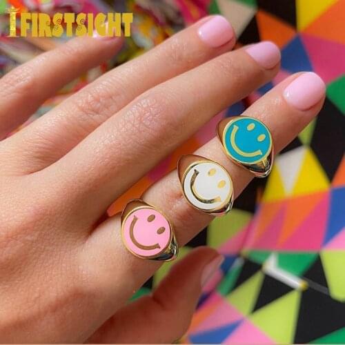 New Gold Color Candy Pastel Enamel Smile Happy Face Adjust Open Finger Dome Ring Women Fashion Colorful Rainbow Jewelry