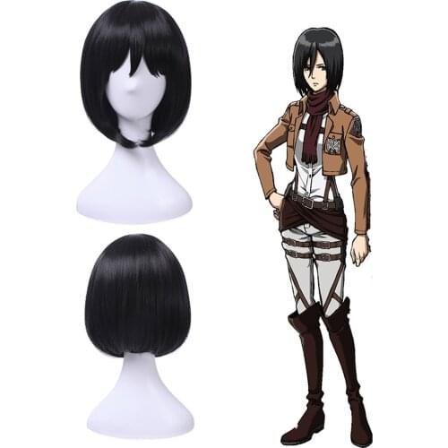 Attack on Titan Mikasa Ackerman Short Bob Black Heat Resistant Synthetic Hair Cosplay Costume Wig with Free Wig Cap