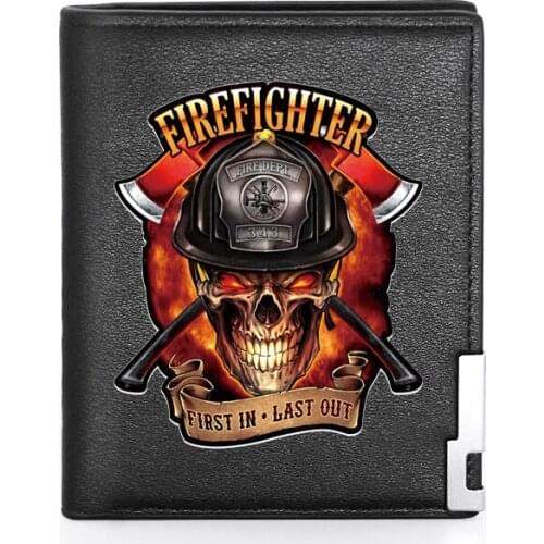 High Quality Luxury Firefighter 343 Skull Printing Leather Wallet Credit Card Holder Short Male Slim Purse For Men