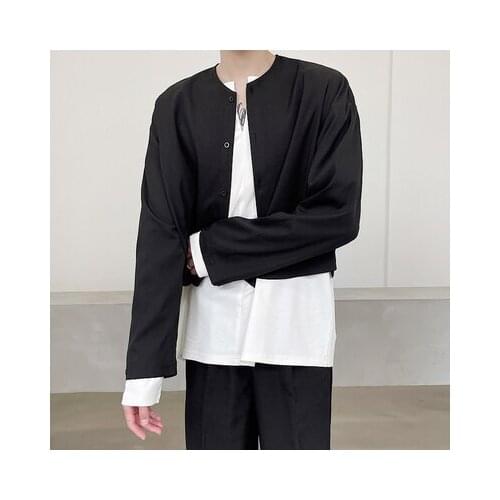 Large size spring cold breeze loose round neck super short long sleeve shirt fashion mens temperament short style shirt