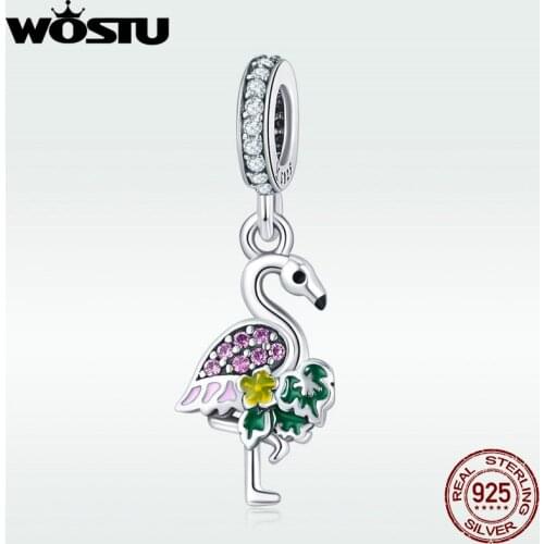WOSTU Real 925 Sterling Silver Colorful Flamingo Trendy Charms fit Original Beads Bracelet Necklace DIY Fashion Jewelry DXC849