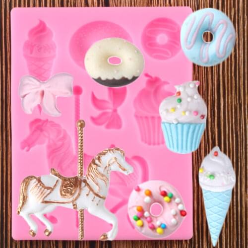 Donuts Ice Cream Silicone Mold Carousel Cake Decorating Tools Cupcake Topper Fondant Molds Candy Clay Chocolate Gumpaste Moulds