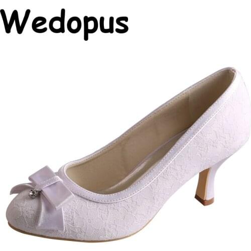 Closed Toe Wedding Lace Shoes for Bride Mid Heel no Tie Shoe Laces Ivory Prom Pumps