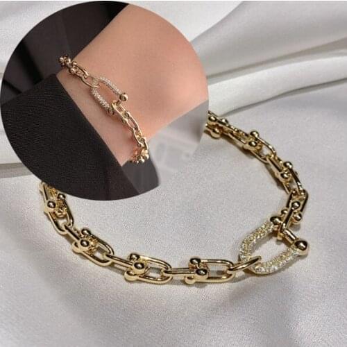 Gold Color Thick Chain Bracelet for Women Couple Creative Vintage Handmade Rhinestone Bracelet Birthday Jewelry Gift