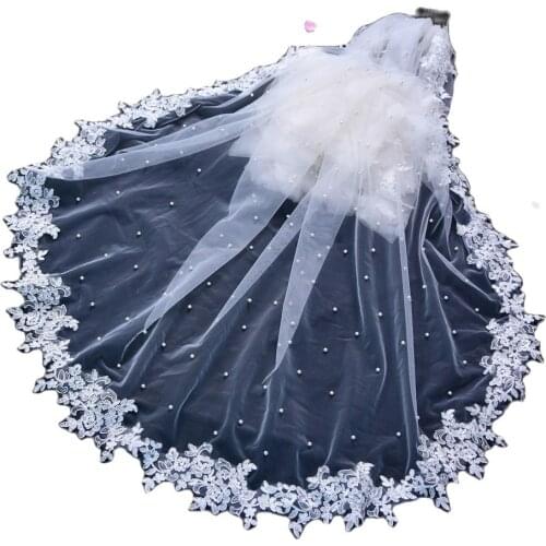 TOPQUEEN V82 Wedding Scallop Spanish Lace Blanket Lace Edge Pearls Beaded 3m Long Cathedral Wedding Veil with Comb Beaded Veil