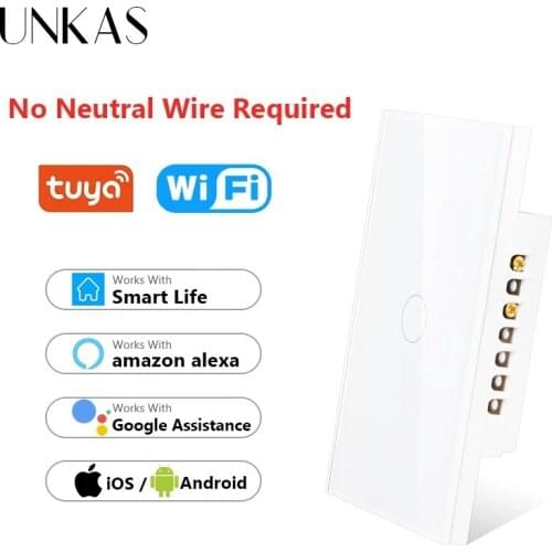 UNKAS Smart Home Wifi Touch Switch No Neutral Wire Required 1/2/3 Gang Light Switch 220V Support Alexa Tuya App 433RF Remote