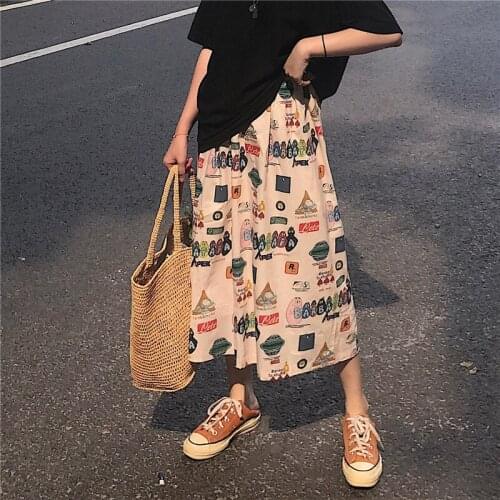 Spring Autumn Women Long Skirt Fashion Cartoon Print Korean style A-line skirts female Loose oversize Long skirt Casual 2020 HOT