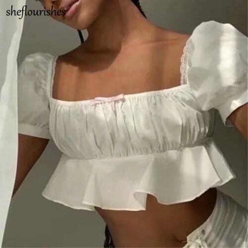 Vintage shirt women kawaii puff sleeve top summer solid blouse ruched square neck cropped shirt white lace patchwork top 2021
