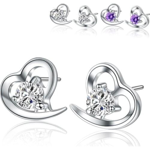 Utimtree Hot Romantic Heart Shape Women 925 Silver Studs Earrings for Wedding Jewelry White Purple Crystal Earring Stud Brincos