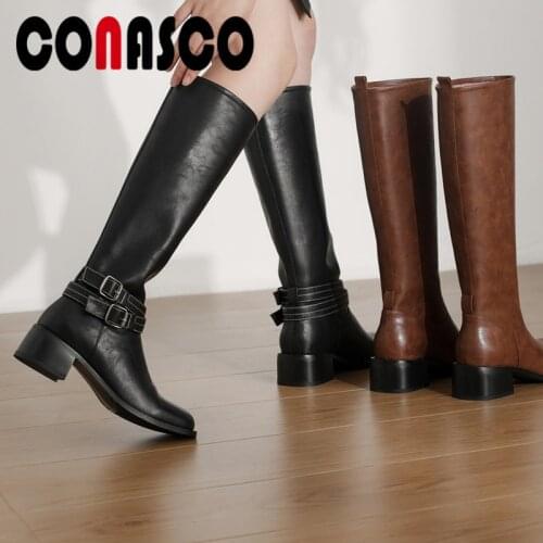 CONASCO Retro Women Knee High Boots Autumn Winter Warm Cow Leather Casual Party Basic Prom Boots Classic Elegant Shoes Woman