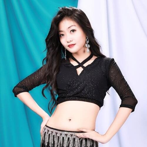 Women Shiny Rhinestones Dance Crop Top Belly Dance Accessories Half Sleeves Elastic Spandex Crop Cross Neck Tops