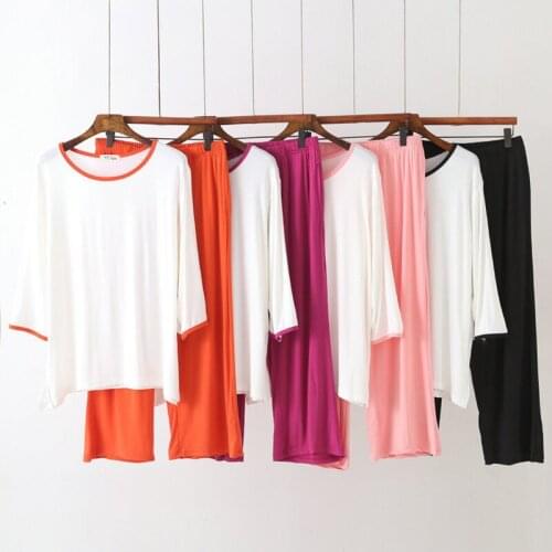 New Modal Cotton 3/4 Sleeve T-Shirt + Cropped Pant Loose Pajamas Home Clothes Two-Piece Set Spring Summer Pijamas Women