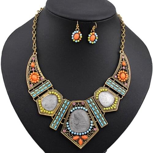 Jewelry Set Fashion Womens Boho Colorful Hollow Statement Chain Choker Necklace Hook Earrings Set Party Punk Trendy Vintage