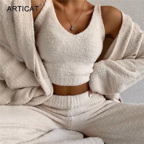 Articat Fleece Knitted Slim Two Piece Set Women Solid Crop Tops And Long Pants Outfits Female Matching Sets Casual Tracksuits