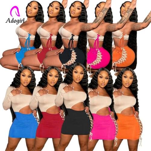 One Shoulder Women Mini Dress Color Patchwork Knitted Cut Out Bandage Dresses 2021 Autumn Workout Sexy Night Club Party Vestidos
