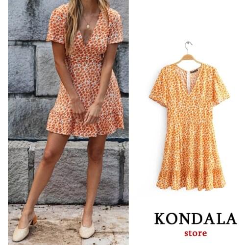 KONDALA ZA 2021 woman dress Spring Short sleeve v-neck print yellow mini dress vestidos de mujer