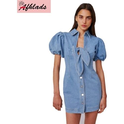 2020 New Spring And Summer Solid Color Lantern Sleeve Single-Breasted Women Turn-Down Collar Vintage Loose Bow Mini Dress