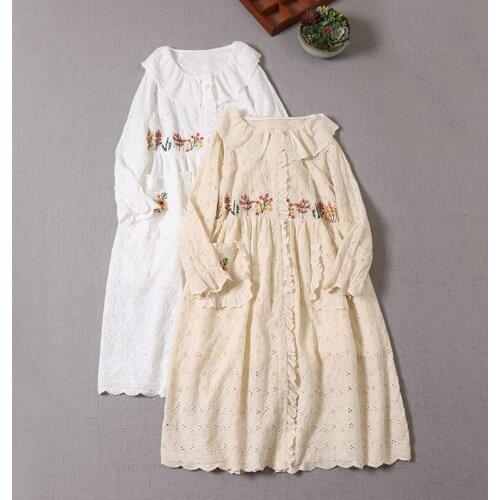 2021 Fall Women Dress Japan Style Mori Girl Hollow out Embroidery Solid Color Long Sleeve Cotton and linen Dress